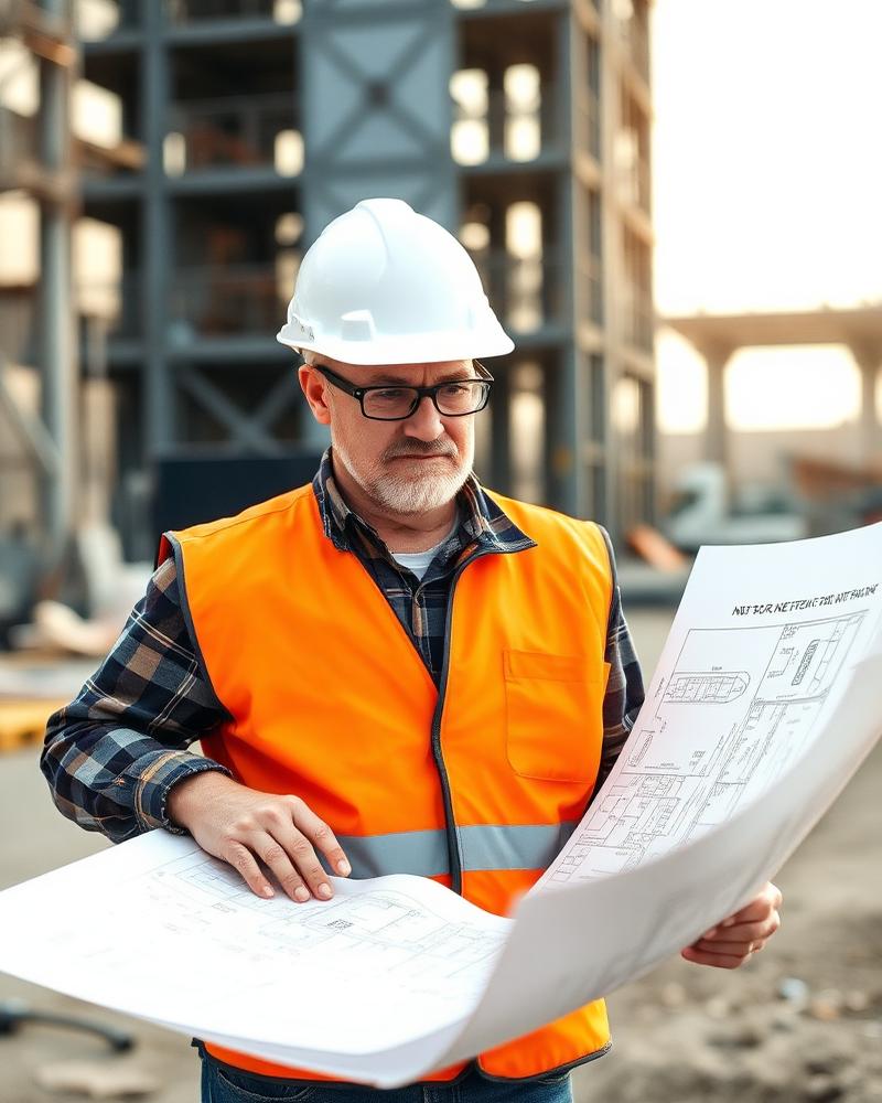 Construction foreman in a hard hat reviewing project drawings on a Gulf Coast job site