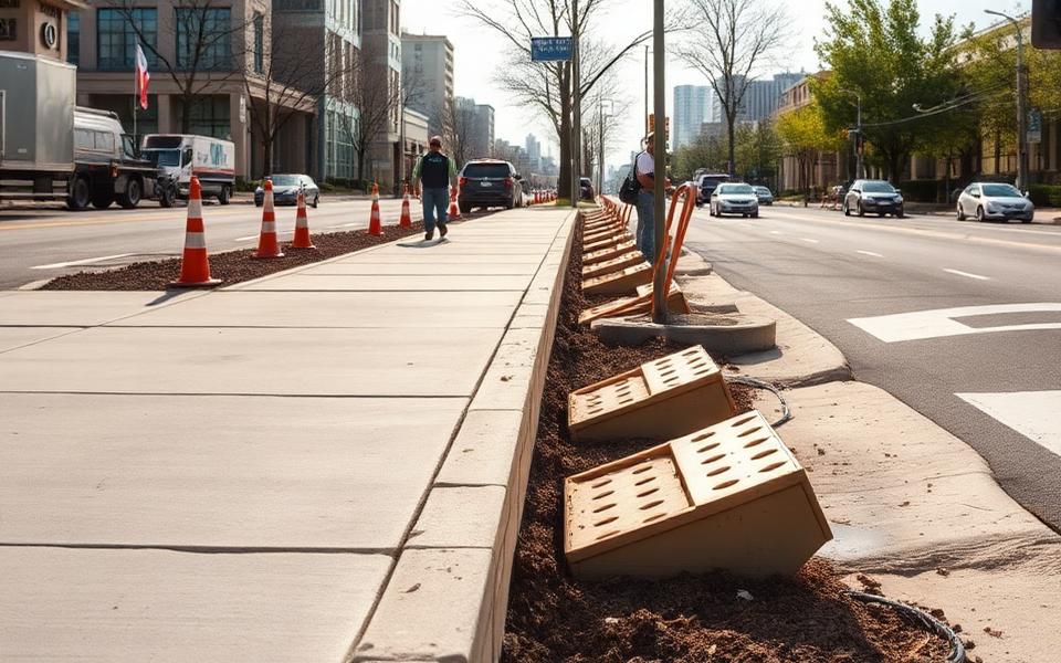 Crew finishing new concrete sidewalk and curb work along a city street