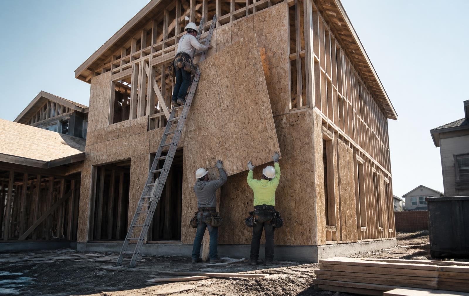 Crew installing exterior sheathing on a framed two-story house under construction