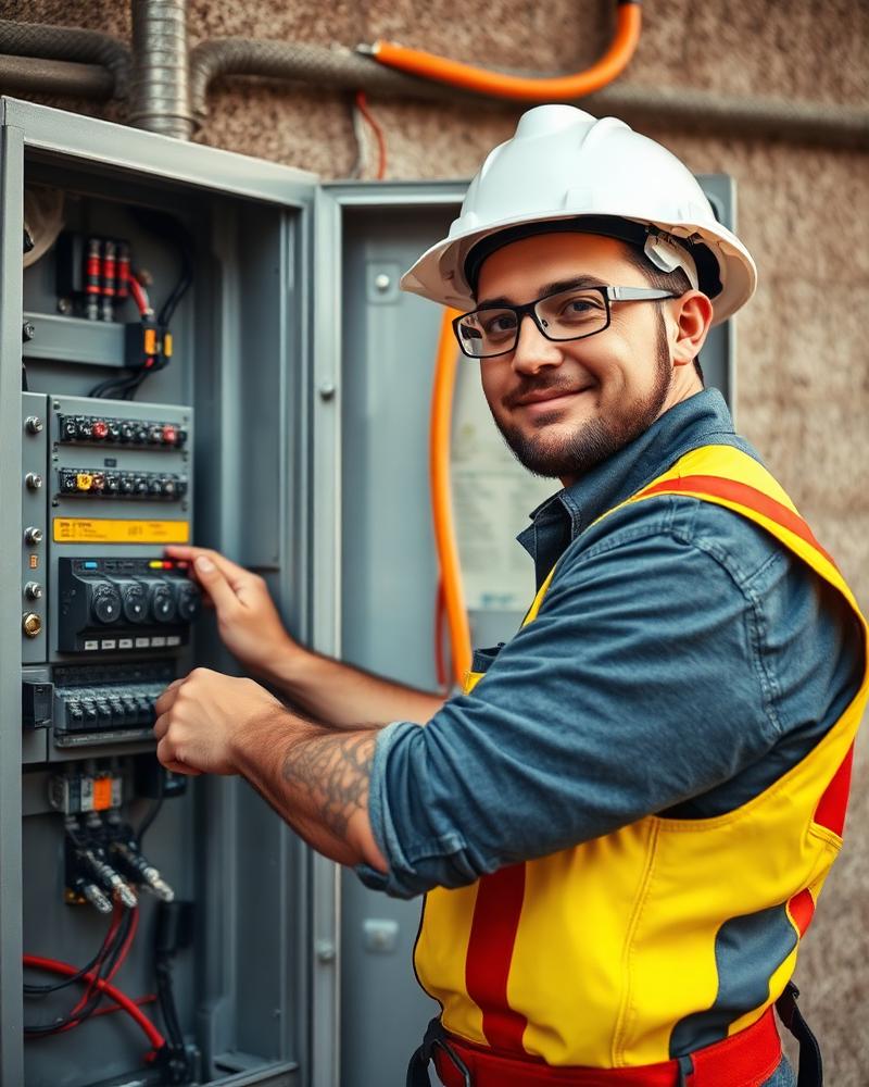 Licensed electrician working at an open three-phase panel