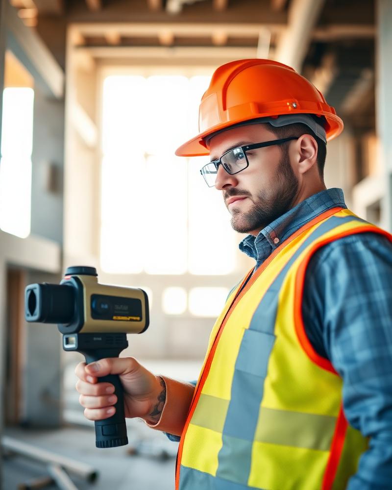 Technician operating a handheld 3D scanner inside a building under construction
