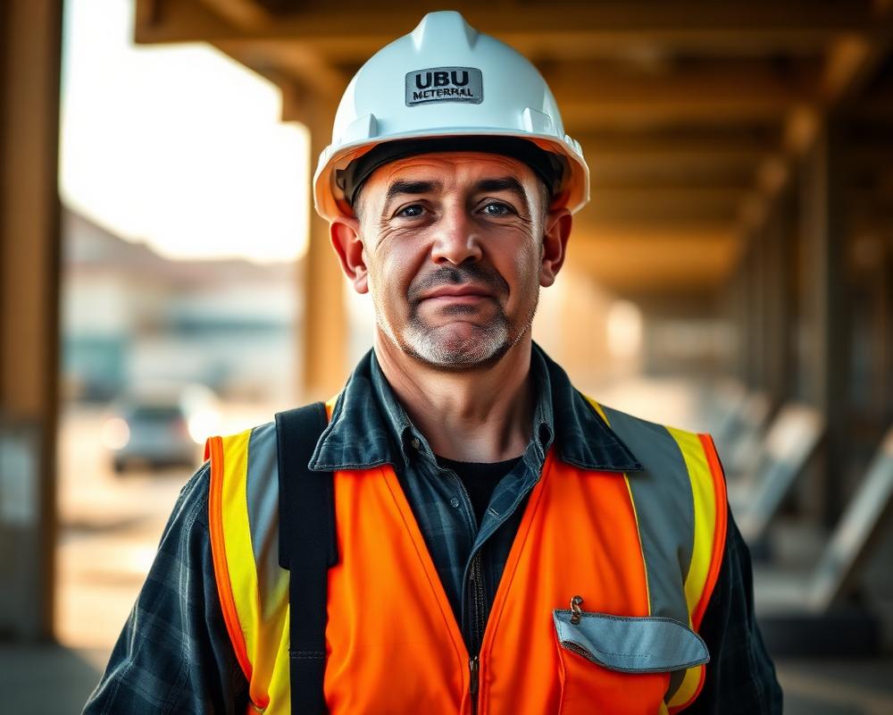 Veteran specialist in personal protective equipment standing on an active job site