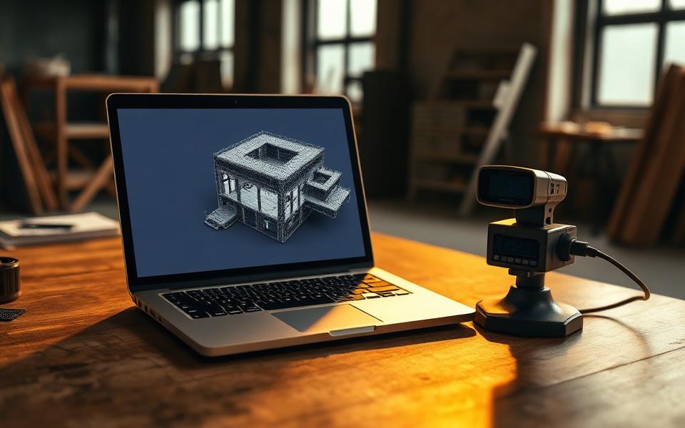 Laptop displaying a 3D point-cloud scan of a building interior beside a laser scanner