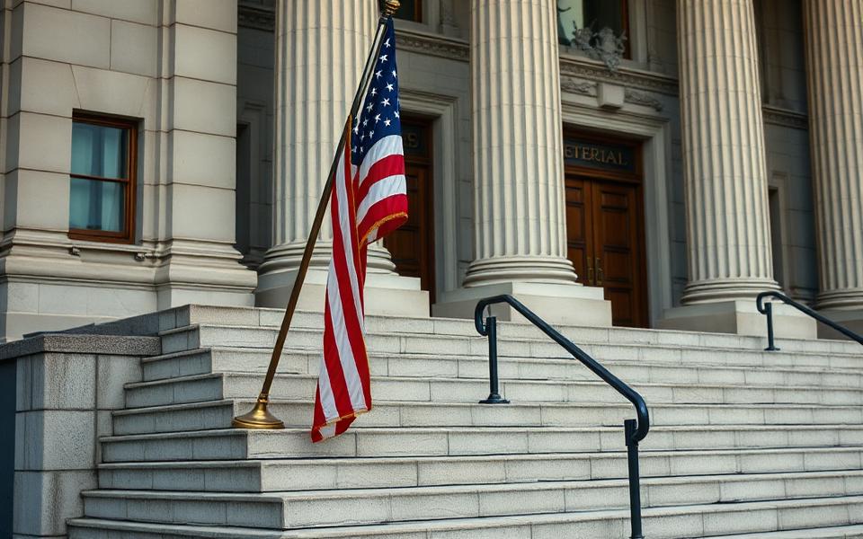 American flag beside the steps of a federal government building