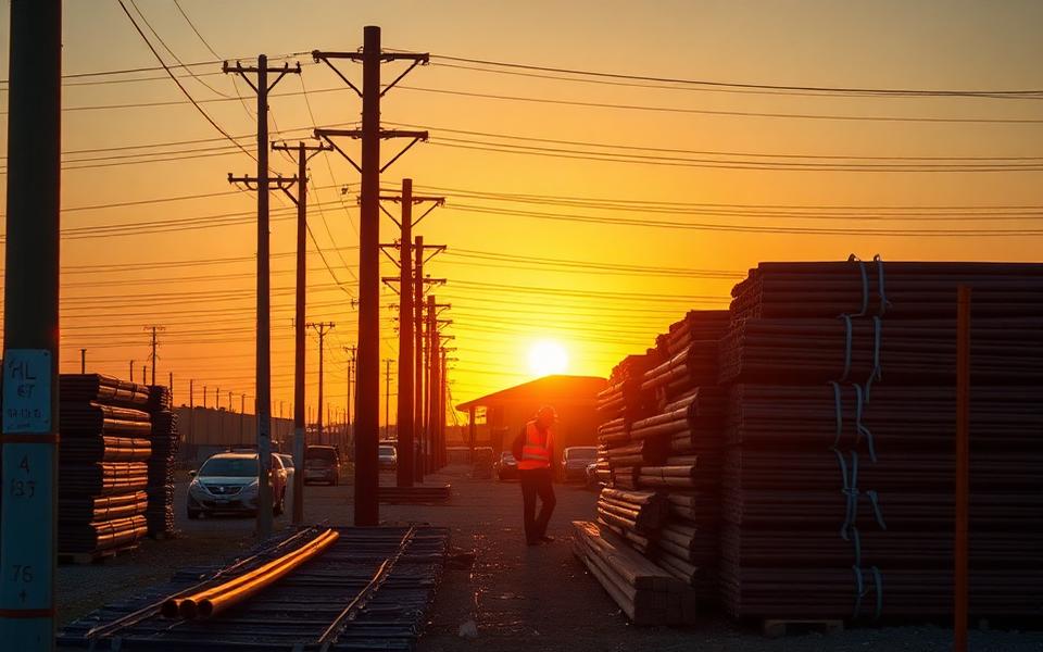 Utility poles and staged conduit materials in a construction laydown yard at golden hour