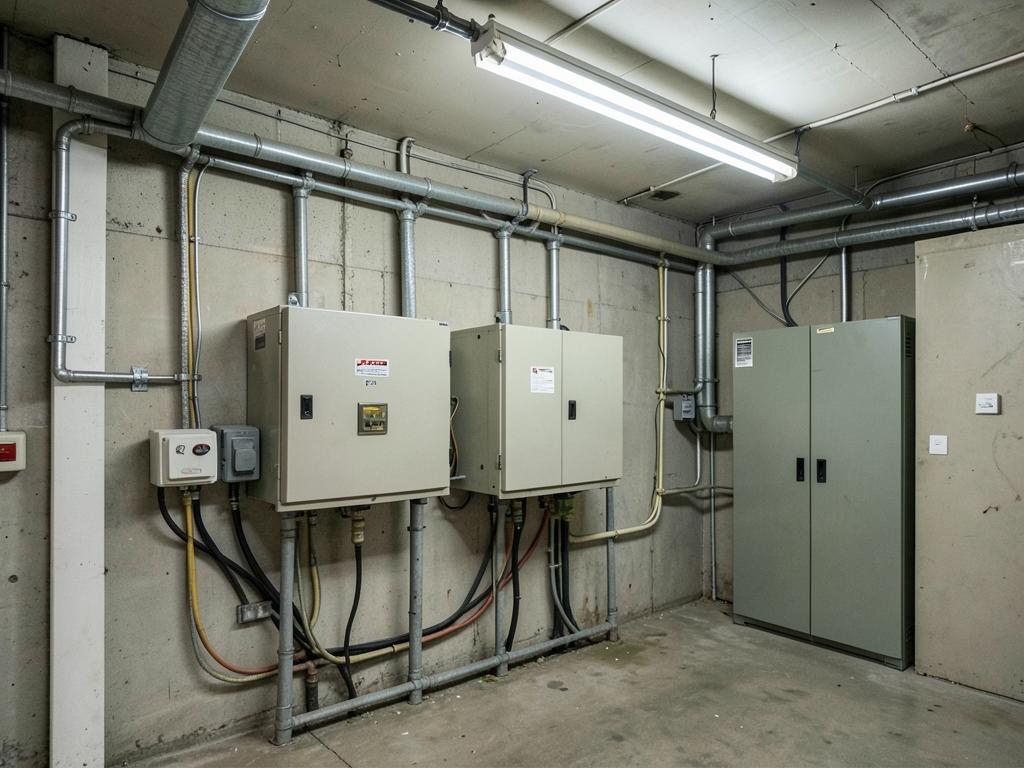 Warehouse electrical room lined with three-phase panels, conduit, and equipment enclosures