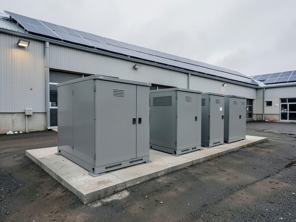 Row of outdoor battery storage cabinets on a concrete pad beside a commercial building with a rooftop solar array