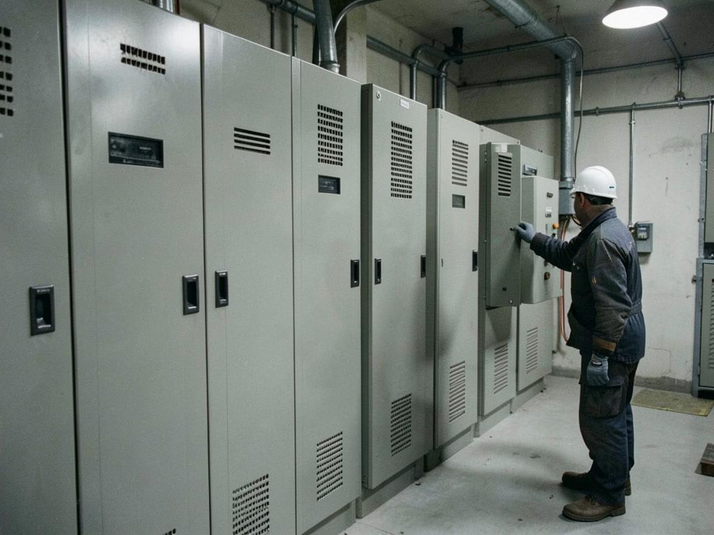 Technician checking a panel in a facility switchgear room lined with tall gray distribution cabinets