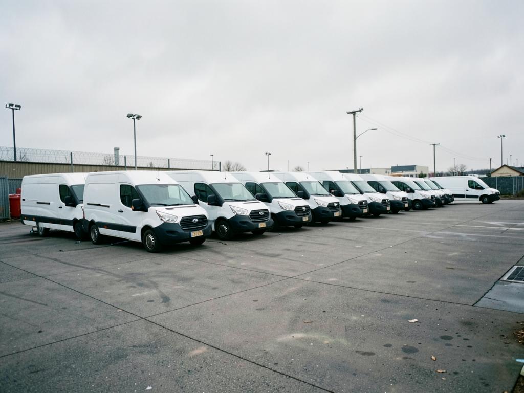 Row of white electric delivery vans parked and charging in a fleet depot yard