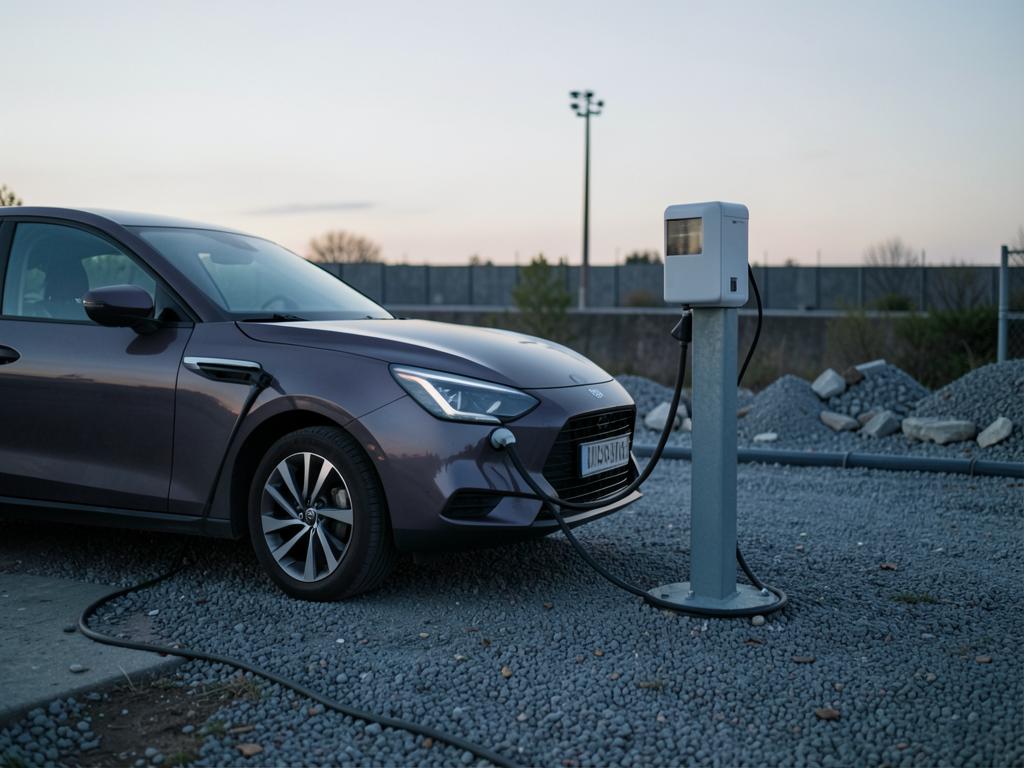 Electric car plugged into a standalone charging unit at a temporary gravel site at dusk