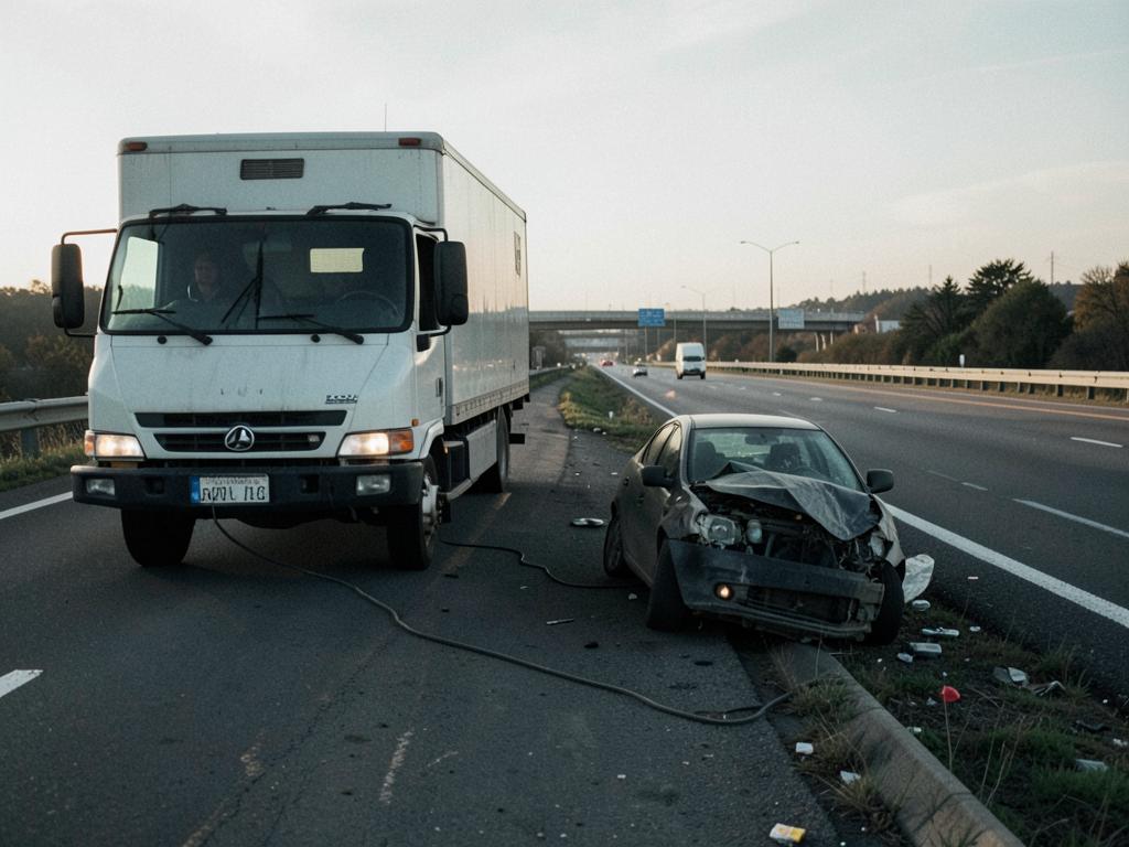Service truck stopped on a highway shoulder with a charging cable running to a disabled car