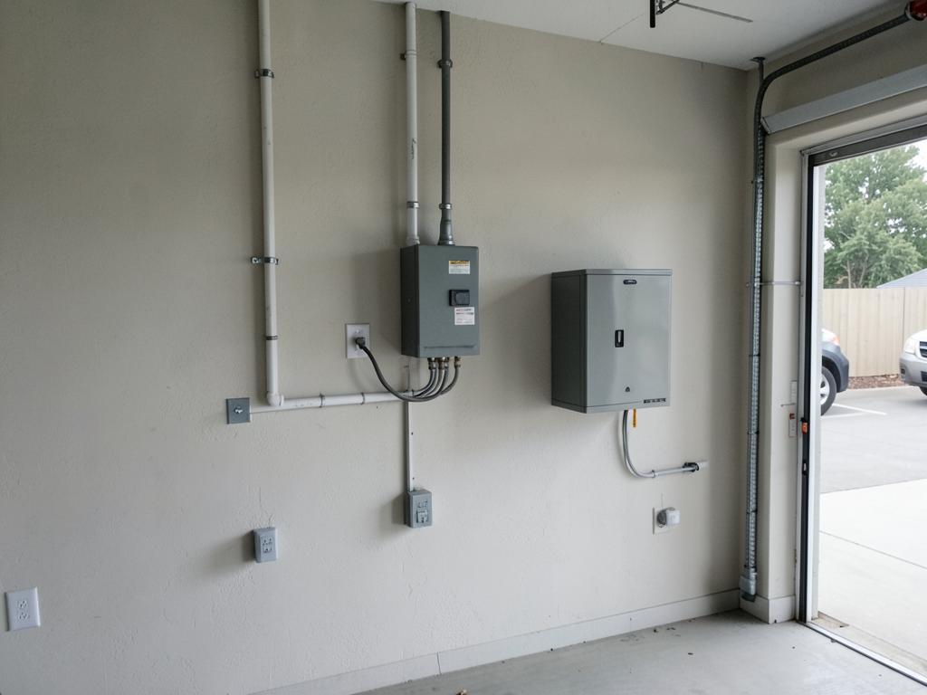 Residential garage wall with electrical panel, conduit runs, and a wall-mounted equipment enclosure