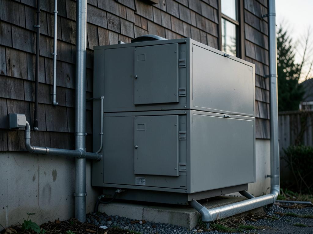Stacked gray battery cabinets installed against the exterior wall of a house beside conduit runs at dusk