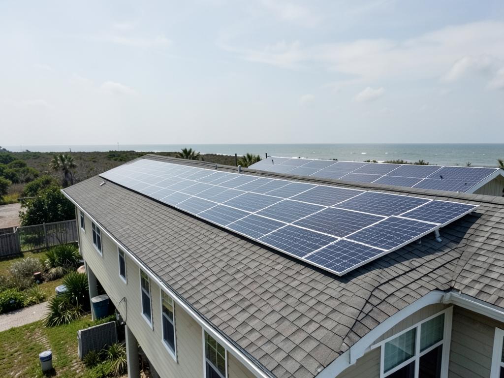 Solar array covering the shingle roof of a Gulf Coast single-family home with the coastline in the background