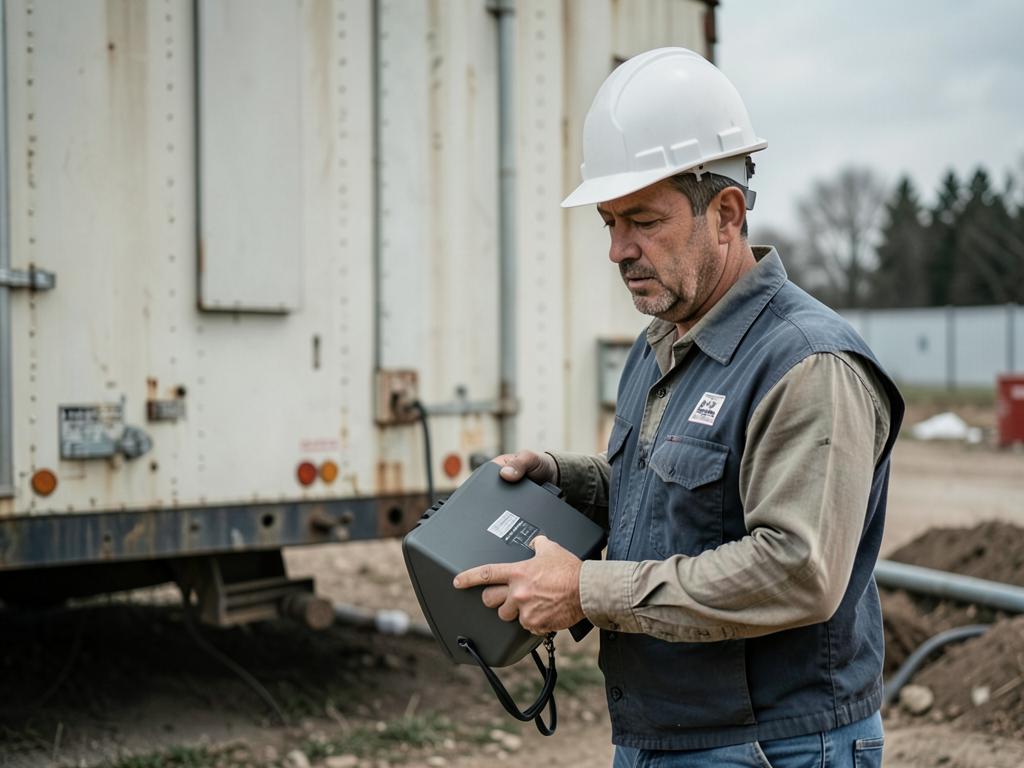 Worker in a hard hat carrying a compact portable power box toward a jobsite trailer