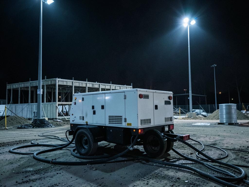 Trailer-mounted power unit parked on a night jobsite under work lights with cables running to a building under construction