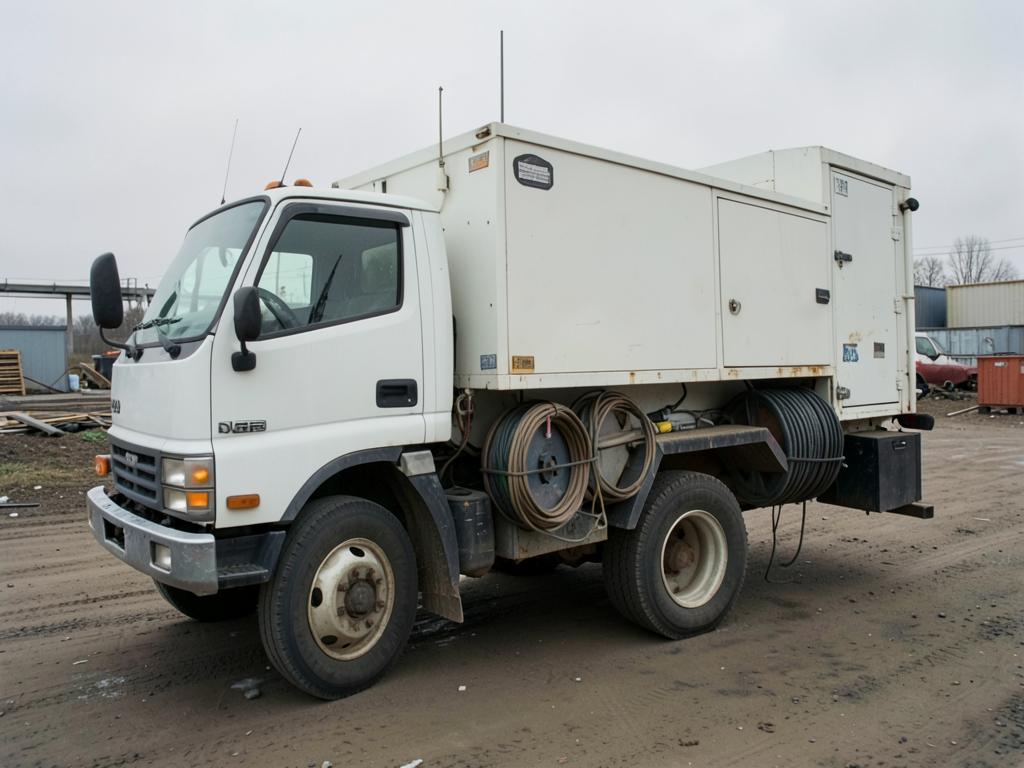 White utility service truck parked at a work site with cable reels deployed from a below-deck compartment