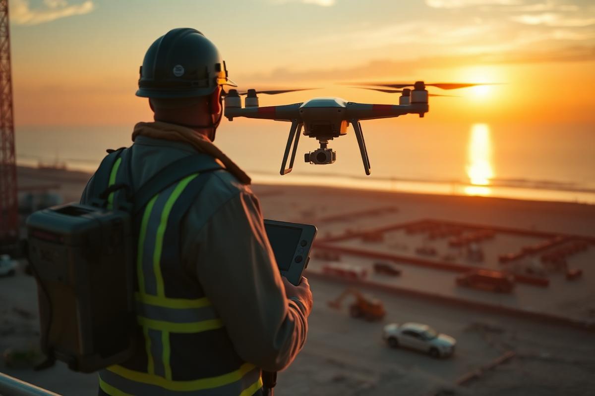 Drone pilot flying a mapping drone over a Gulf Coast construction site at sunset