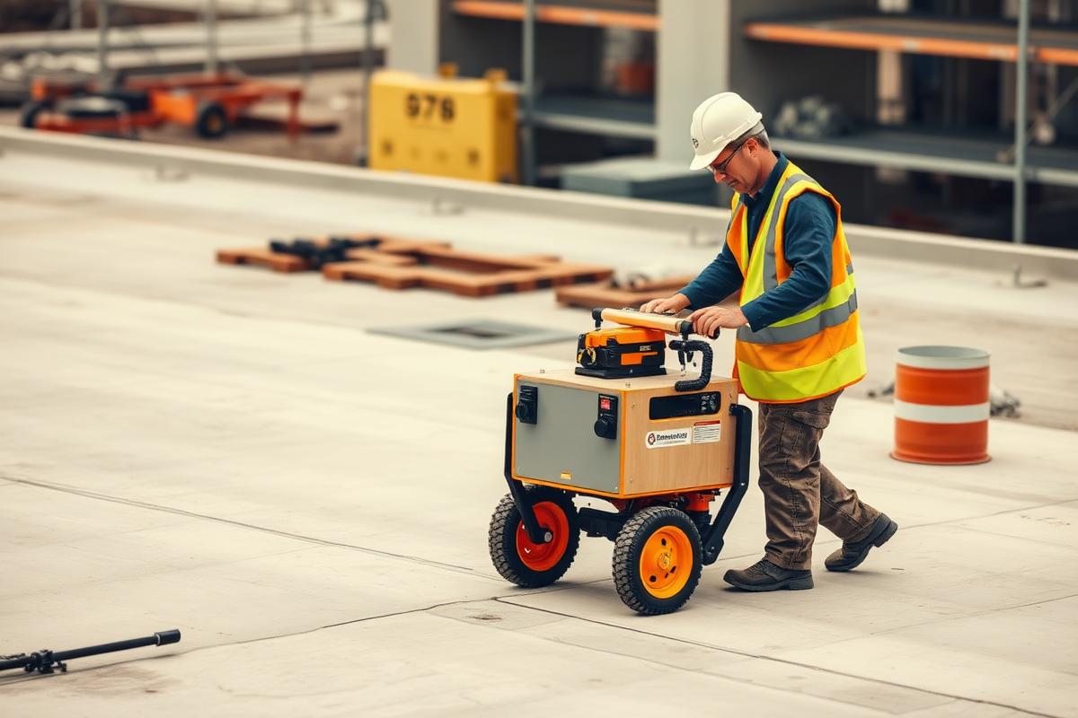 Technician pushing a ground-penetrating radar cart across a concrete slab