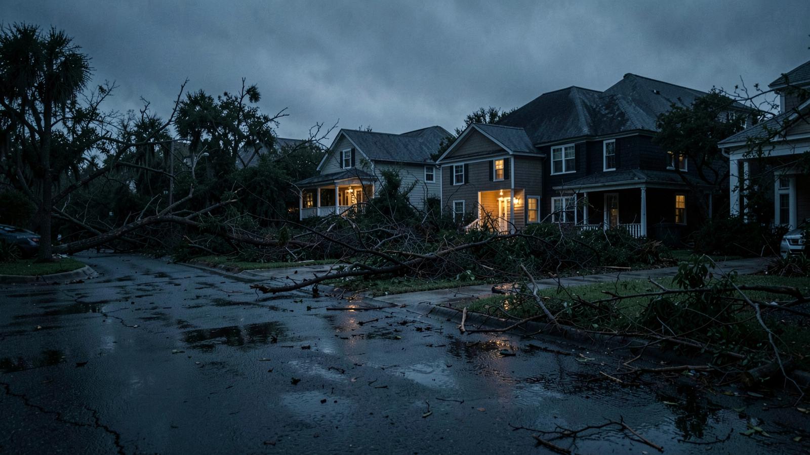Suburban Gulf Coast street at dusk after a hurricane with downed tree limbs and wet pavement, every house dark except one with warm interior lights on