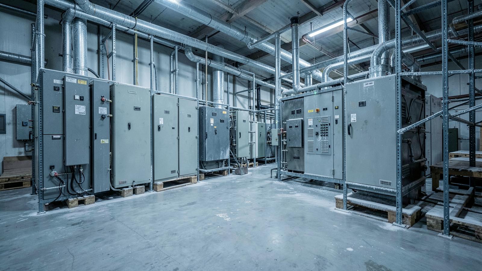 Cold storage warehouse interior with a row of industrial electrical switchgear cabinets, insulated refrigeration ductwork overhead, and frost on the pallet racking