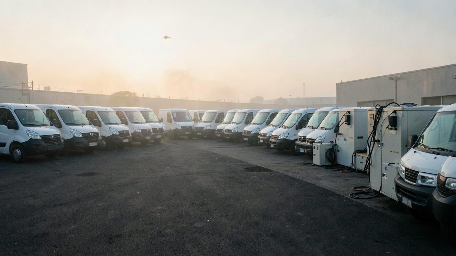 Delivery fleet depot yard at dawn with rows of white electric vans parked in haze beside portable charging cabinets and coiled charging cables
