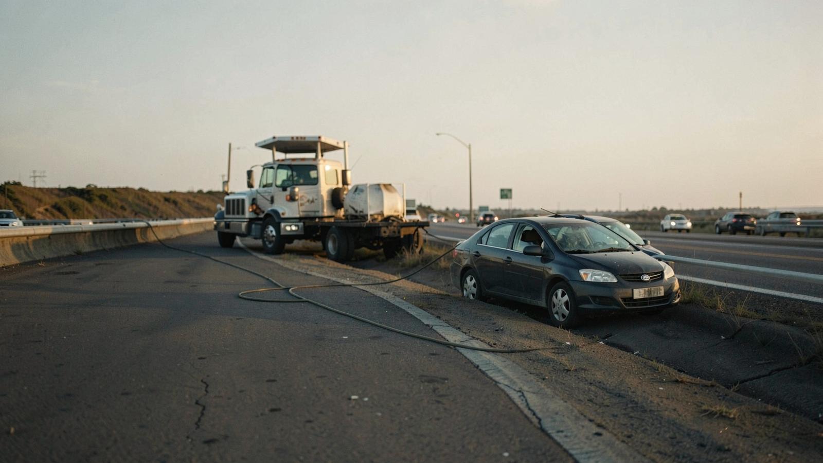 Highway shoulder in late afternoon light with a service truck parked ahead of a stalled sedan and a heavy charging cable running along the pavement between them