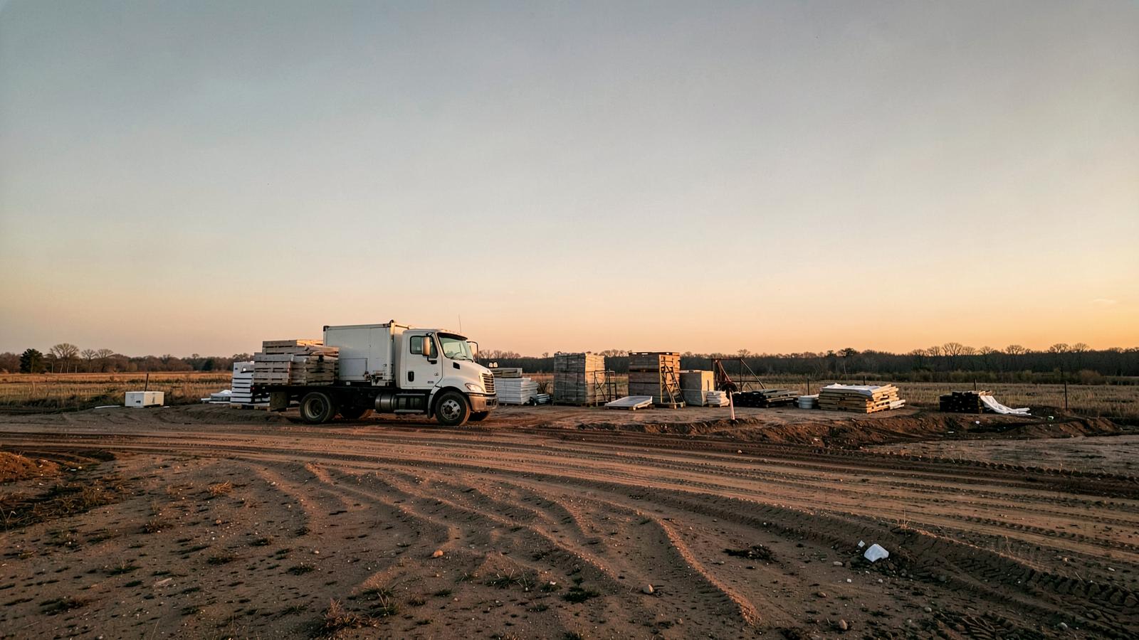 Wide rural jobsite at golden hour with a white service truck parked on graded dirt beside stacked building materials and open fields with no utility poles in sight